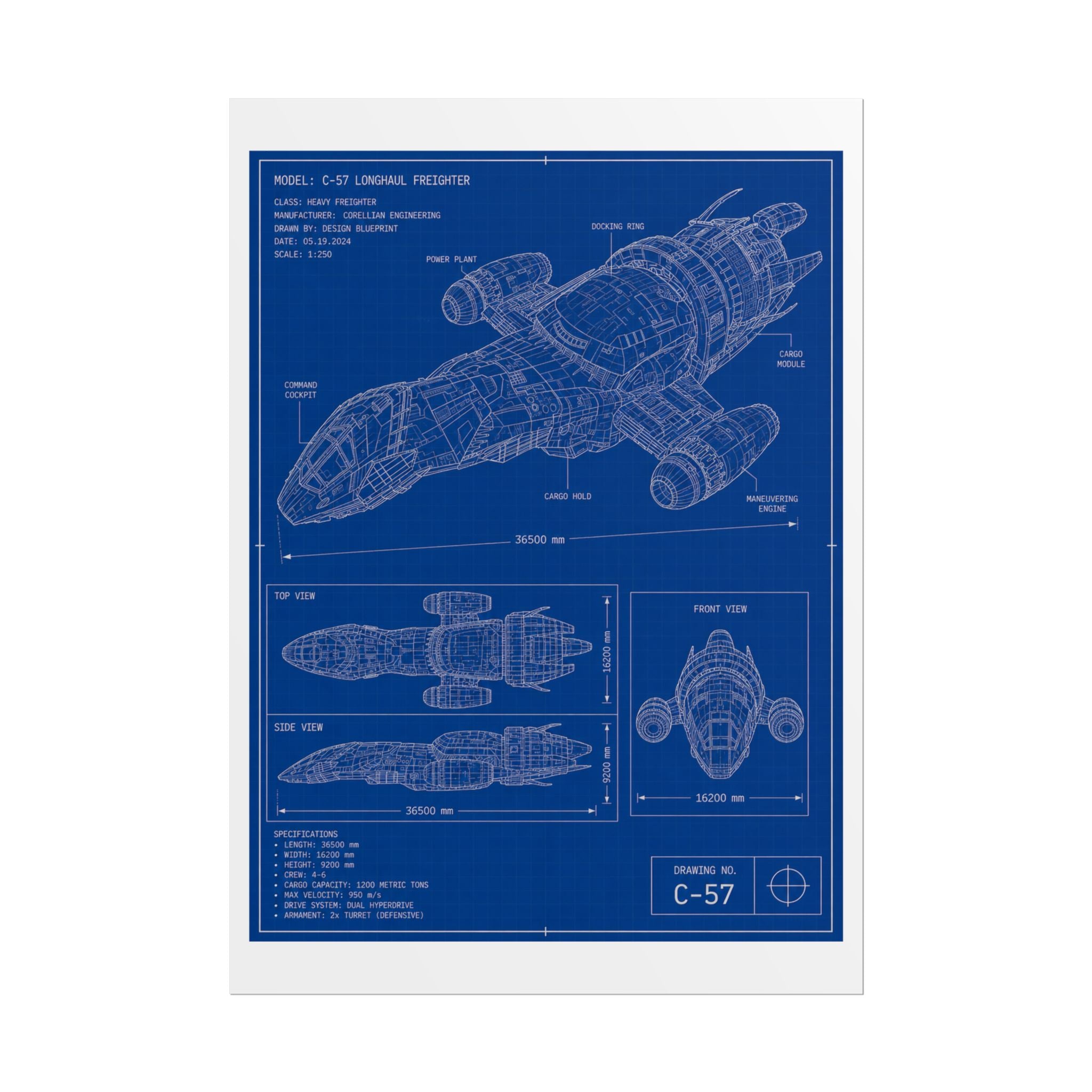Blueprint Spacecraft Poster — Vintage Ship Technical Drawing Rolled Poster