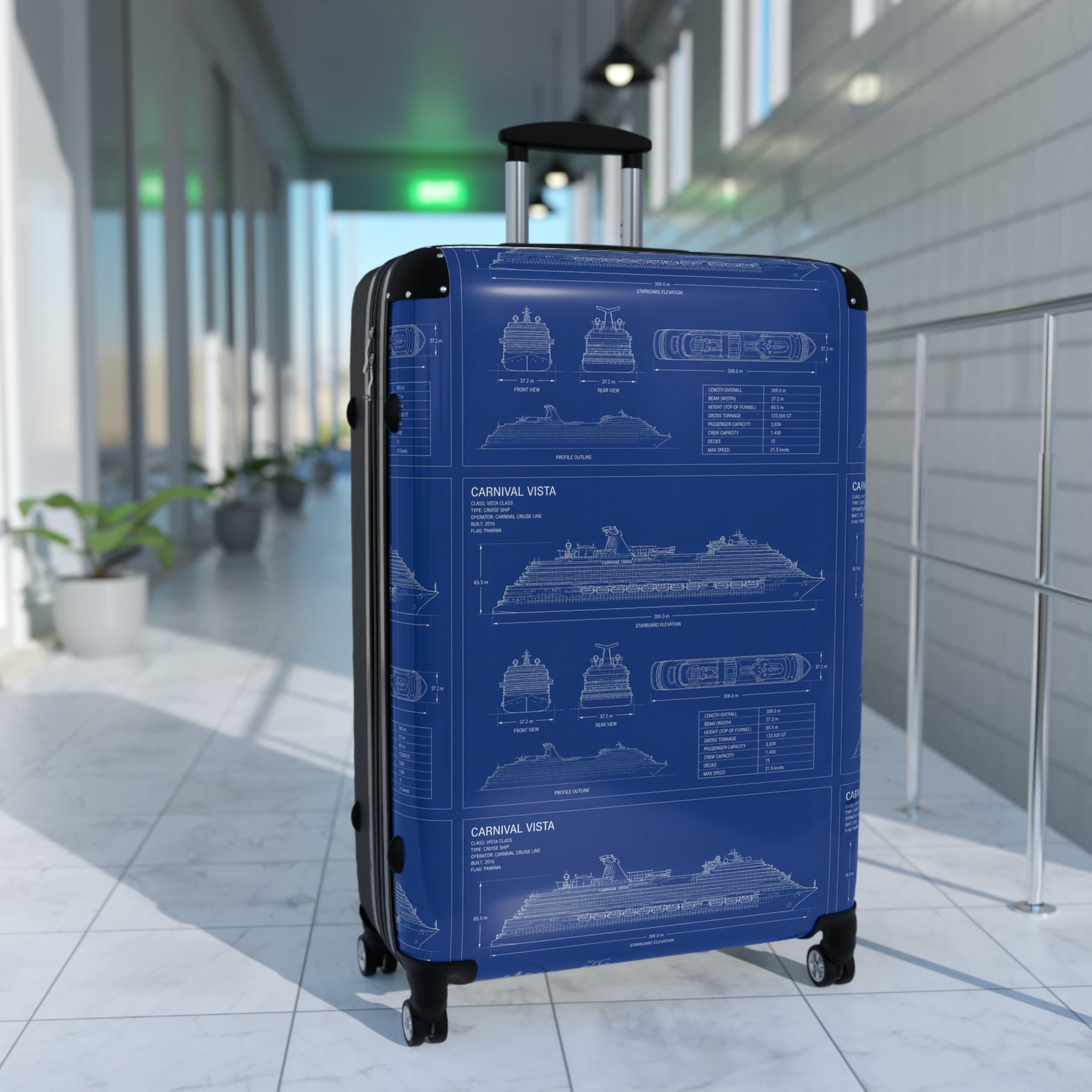 Cruise Ship Blueprint Suitcase Cover — Nautical Travel Luggage Protector