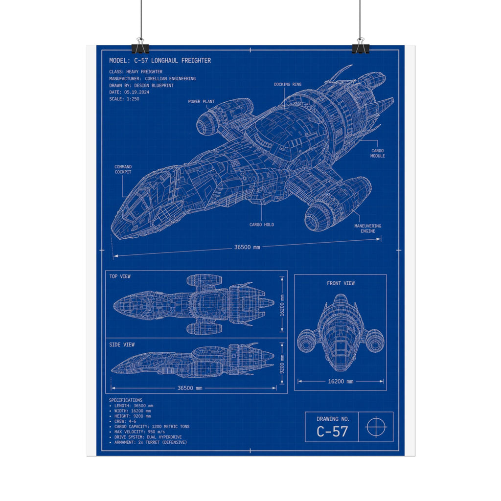 Blueprint Spacecraft Poster — Vintage Ship Technical Drawing Rolled Poster