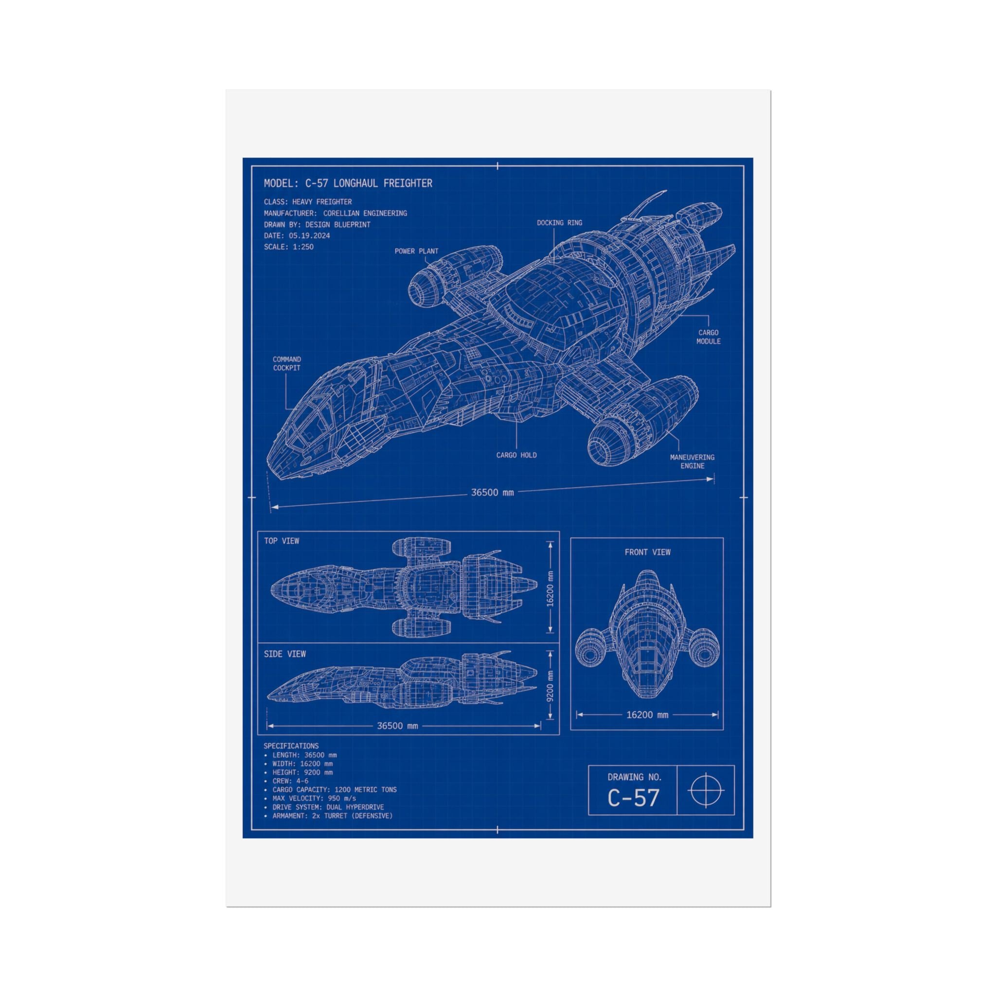 Blueprint Spacecraft Poster — Vintage Ship Technical Drawing Rolled Poster
