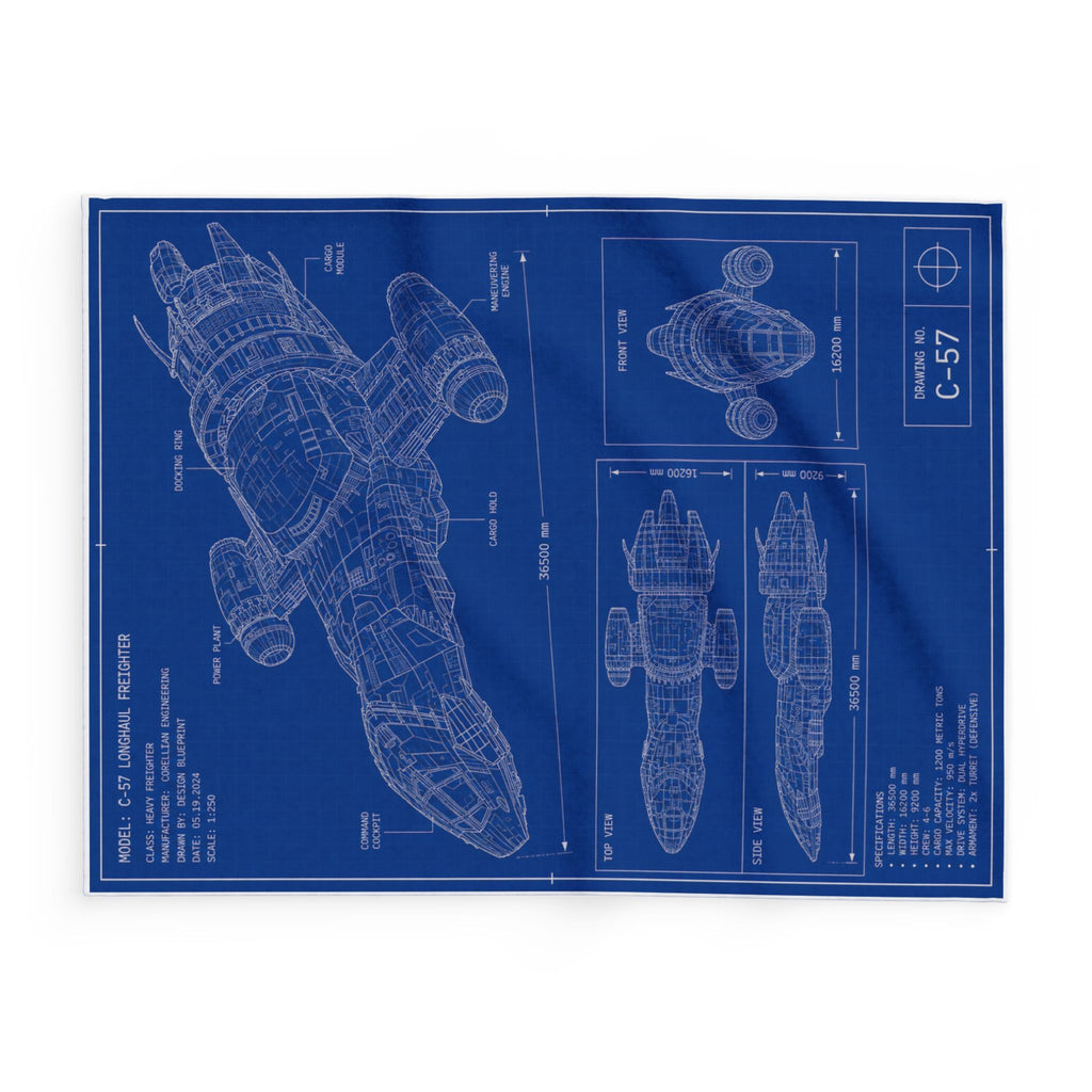 Blueprint Spaceship Fleece Blanket — Retro Sci‑Fi Ship Diagram Throw