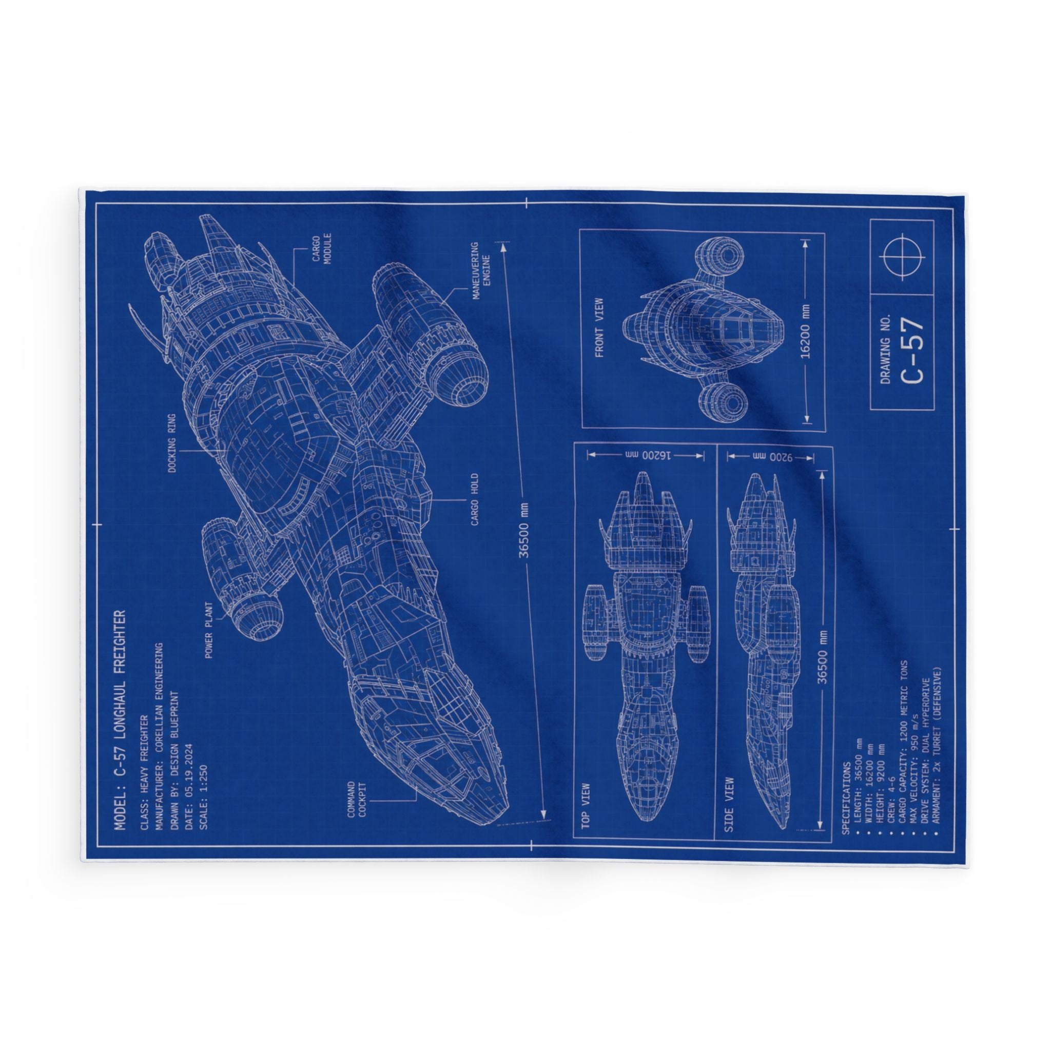 Blueprint Spaceship Fleece Blanket — Retro Sci‑Fi Ship Diagram Throw