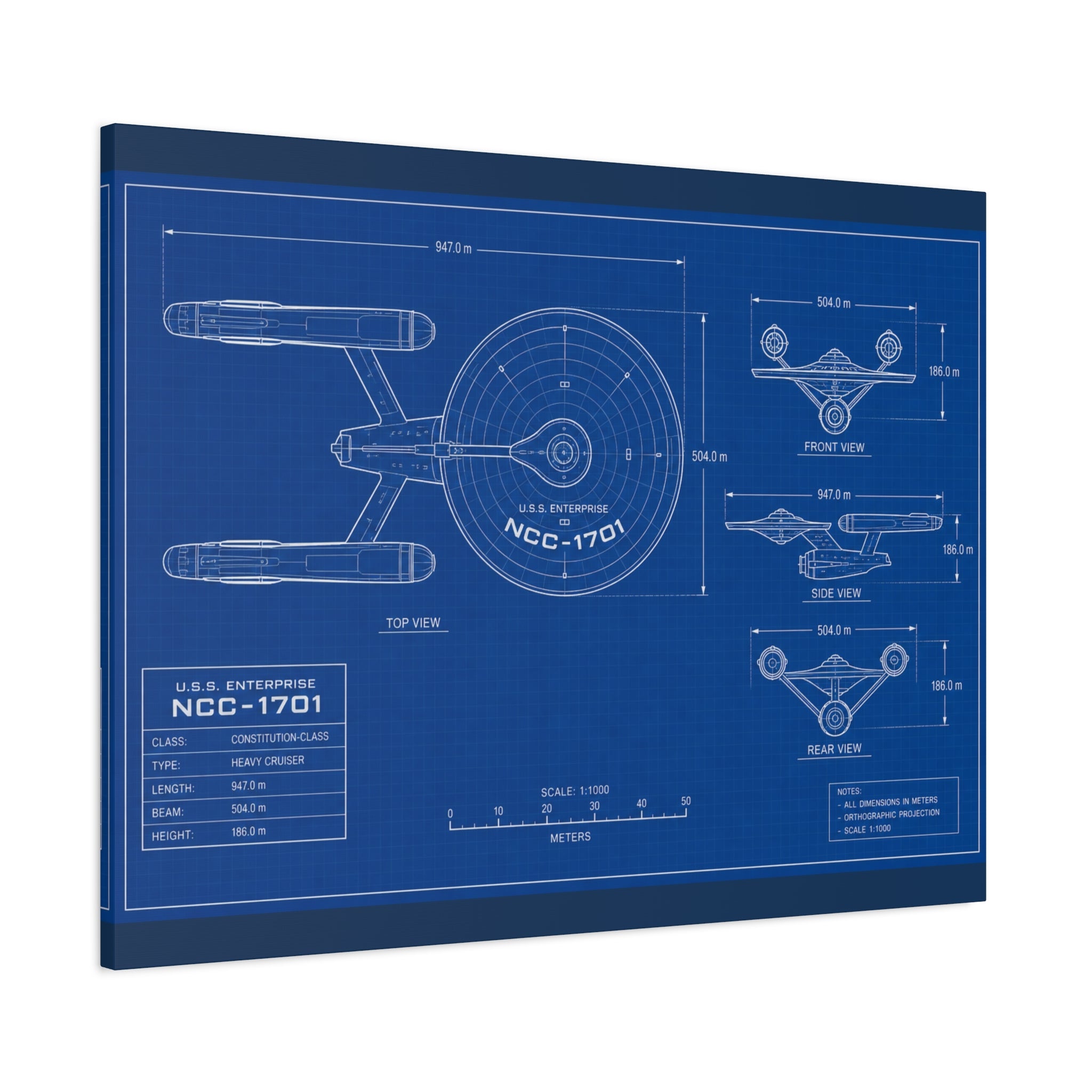 Starship Blueprint Canvas Art Matte Stretched 1.25"