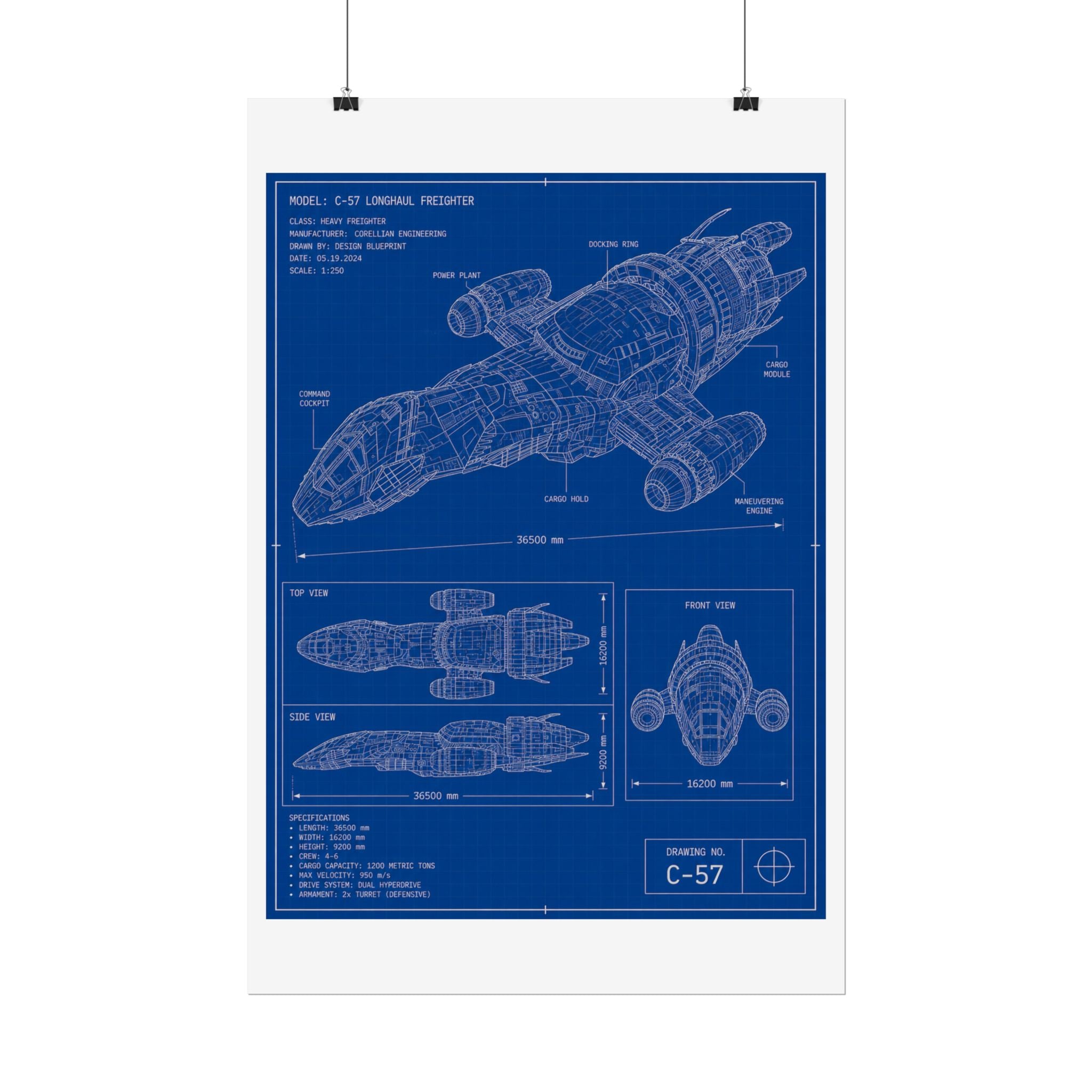 Blueprint Spacecraft Poster — Vintage Ship Technical Drawing Rolled Poster