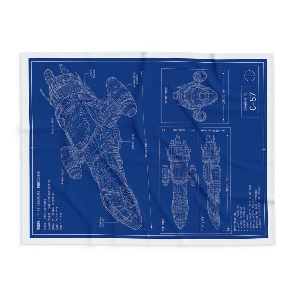 Blueprint Spaceship Fleece Blanket — Retro Sci‑Fi Ship Diagram Throw