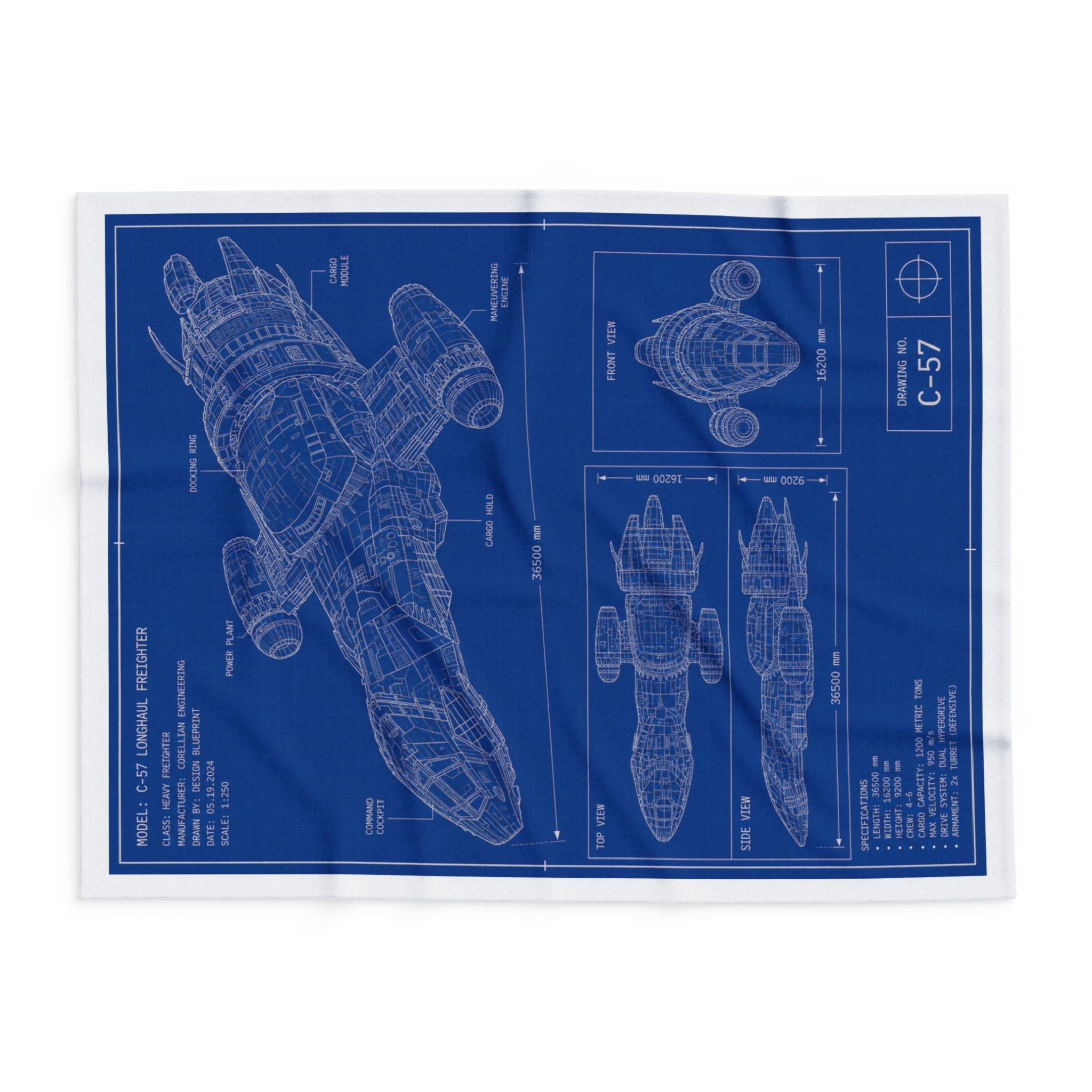Blueprint Spaceship Fleece Blanket — Retro Sci‑Fi Ship Diagram Throw