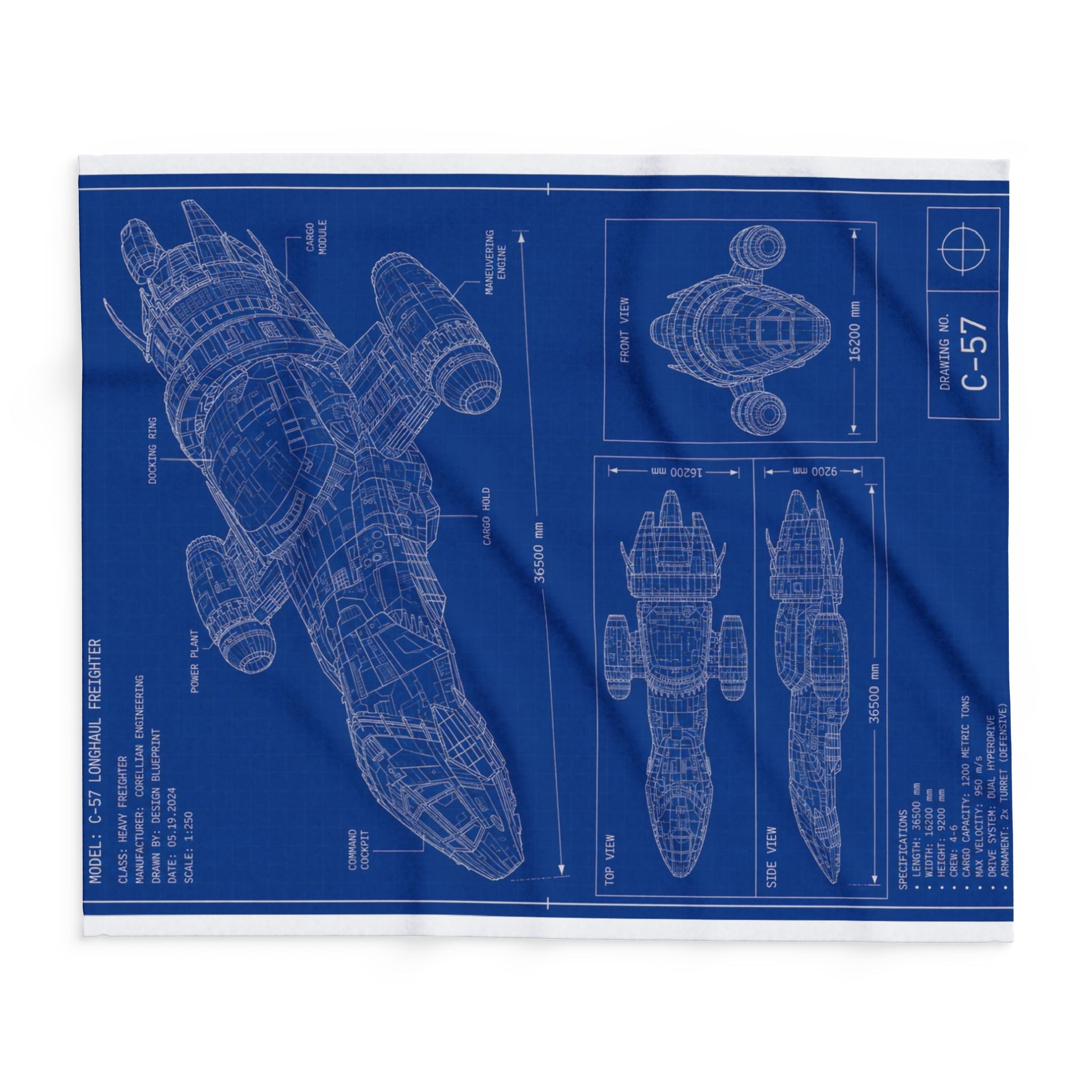 Blueprint Spaceship Fleece Blanket — Retro Sci‑Fi Ship Diagram Throw