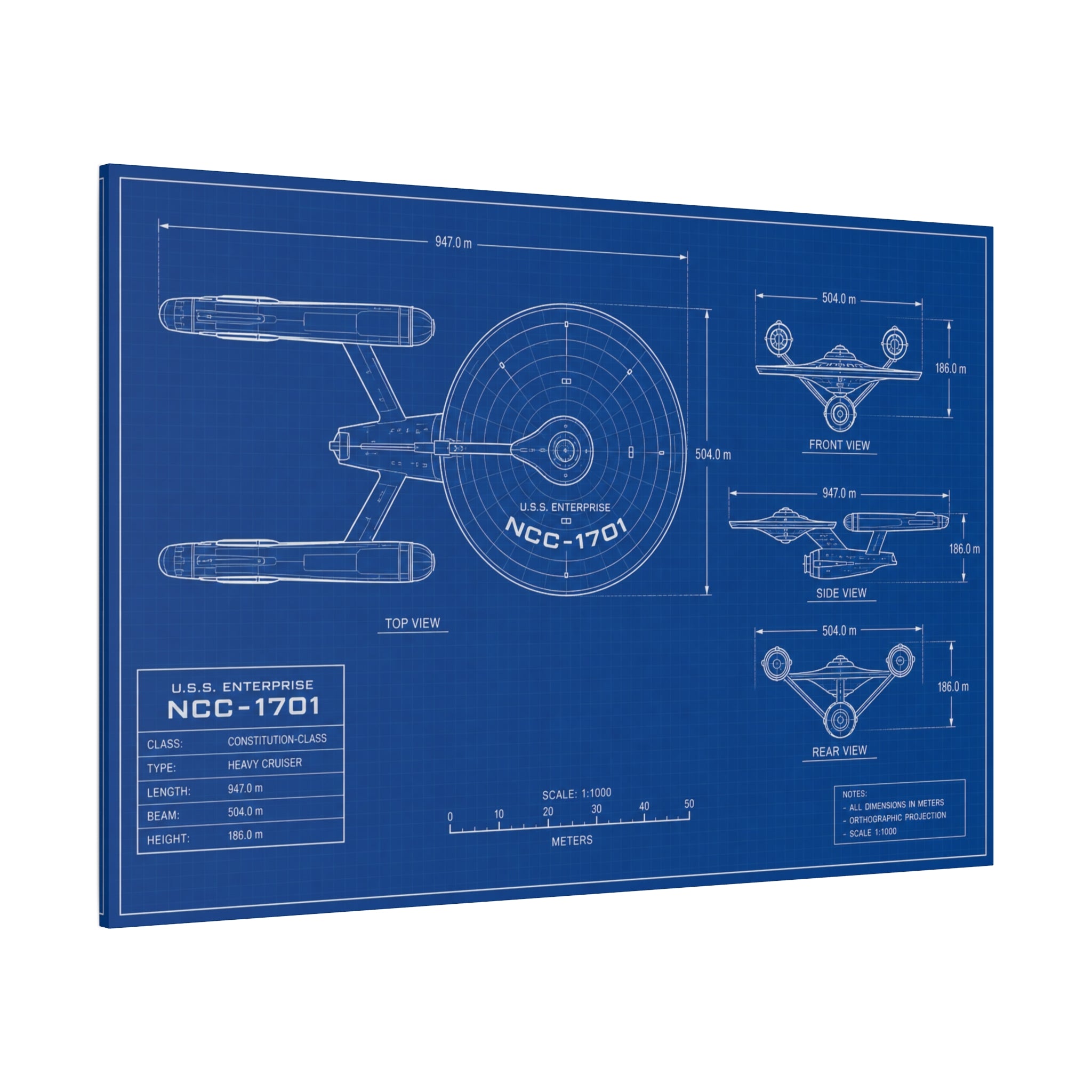 Starship Blueprint Canvas Art Matte Stretched 1.25"