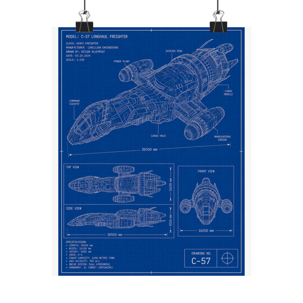 Blueprint Spaceship Poster — Matte Vertical Sci‑Fi Wall Art