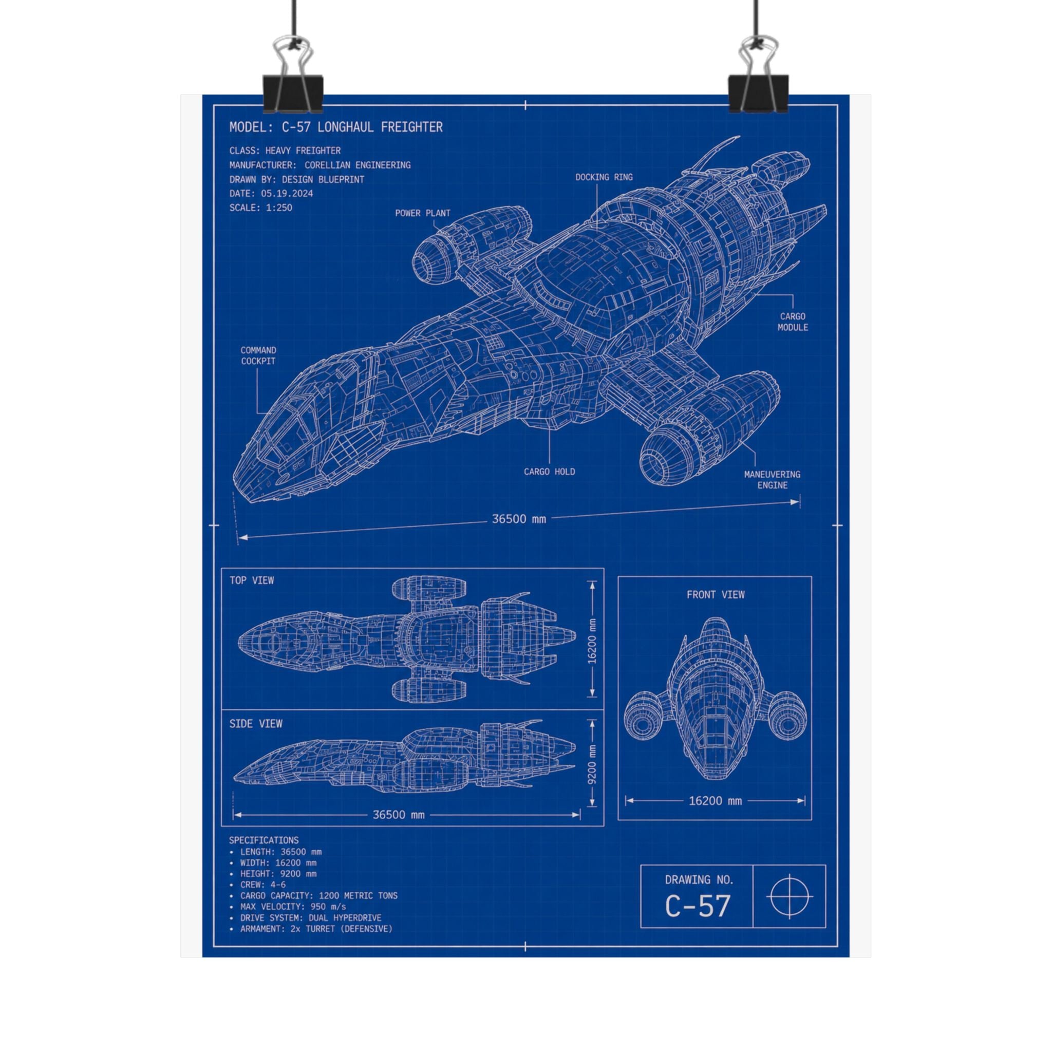 Blueprint Spaceship Poster — Matte Vertical Sci‑Fi Wall Art