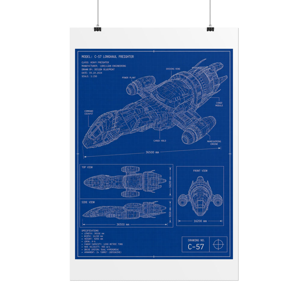 Blueprint Spacecraft Poster — Vintage Ship Technical Drawing Rolled Poster